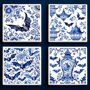 Posavasos de murciélago azul y blanco / Posavasos de cerámica con decoración de Halloween / Regalo gótico para amantes de los murciélagos