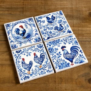 Rooster Chicken Coaster Set: Blue White Ceramic Farmhouse Decor Delft