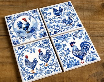 Rooster Chicken Coaster Set: Blue White Ceramic Farmhouse Decor Delft
