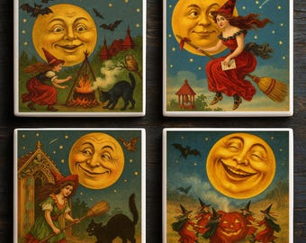 Halloween Coaster Set Moon, Witch, Cat Art Tile Decor