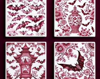 Chinoiserie Style Bat Coasters: Gothic Halloween Decor, Set of 4