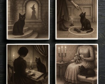 Victorian Witch Cat Ceramic Coaster Set: Gothic Halloween Decor