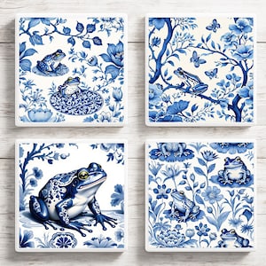 Blue Delft Frog Coaster Set – Ceramic Tile Art, Cottagecore Decor