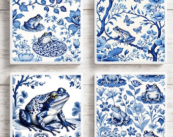 Blue Delft Frog Coaster Set – Ceramic Tile Art, Cottagecore Decor