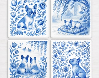 Delft Blue Frenchie Coaster Set – French Bulldog Ceramic Tile Coasters