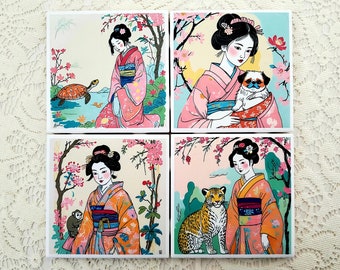 Geisha Chinoiserie Decorative Coasters Set of 4 Housewarming Gift Ceramic Cheetah Turtle Monkey Dog Grand Millennial