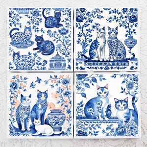 Blue and White Cat Coasters, Ceramic Tile Coaster Set of 4, Gift for Cat Lovers, Delft Style Decor