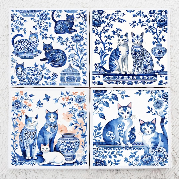 Juego de posavasos de gato de Delft, estilo chinoiserie, azulejos de cerámica - Juego de 4