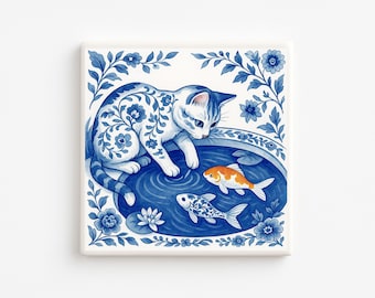 Delft Blue Cat Coaster: Ceramic Tile with Koi Pond