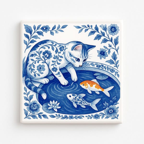 Delft Blue Cat Coaster: Ceramic Tile with Koi Pond