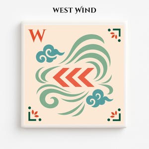 May include: Square wall art with a cream background featuring a stylized design. The design includes a red "W", red arrows, teal clouds, and green swirls. The text "WEST WIND" is at the top.