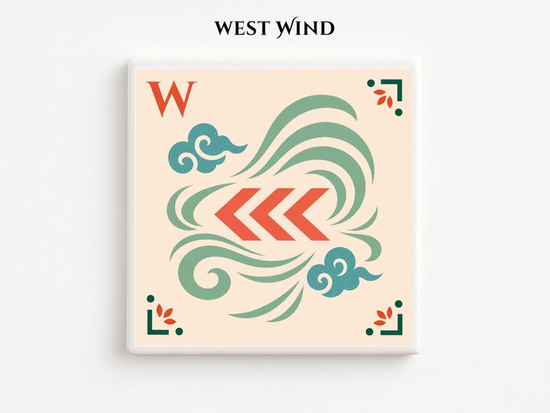 May include: Square wall art with a cream background featuring a stylized design. The design includes a red "W", red arrows, teal clouds, and green swirls. The text "WEST WIND" is at the top.