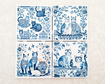 Blue White Cat Coaster Set Ceramic Delft Style Chinoiserie Decorative Coasters Set of 4 Housewarming Cat Lover Gift