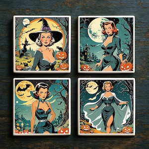 Vintage Halloween Pin Up Coasters: Witch & Vampire Ceramic Set