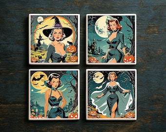 Vintage Halloween Pin Up Coasters: Witch & Vampire Ceramic Set
