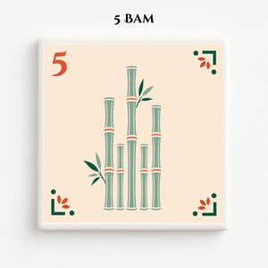 May include: Square art print featuring a bamboo design in shades of green and red on a cream background. The number 5 is in the upper left corner, with the text "5 BAM" above the print. Decorative corner elements complete the design.