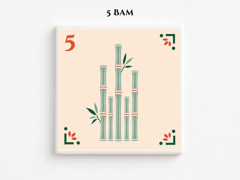 May include: Square art print featuring a bamboo design in shades of green and red on a cream background. The number 5 is in the upper left corner, with the text "5 BAM" above the print. Decorative corner elements complete the design.