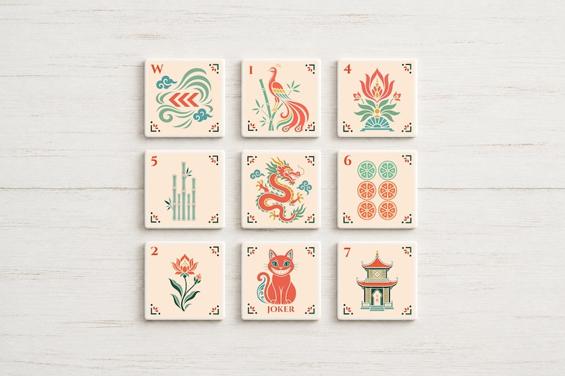 May include: Nine square tiles with Asian-inspired illustrations. Each tile features a unique design, including a phoenix, dragon, lotus flower, and a cat labeled "JOKER". The tiles are in cream, red, green, and blue.