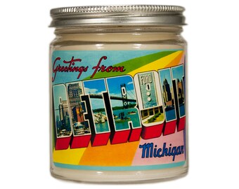 Detroit Candle Gift, Personalized Homesick Candle Vintage Detroit Postcard Candle