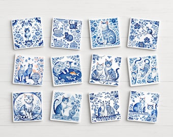 Delft Cat Art Tile Coaster: Blue & White Chinoiserie Ceramic Decor