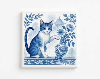 Funny Cat Coaster: Delft Blue Ceramic Tile, Cat Lover Gift
