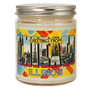 Bougie de Chicago, cadeau personnalisé du mal du pays, bougie de récipient parfumée de Chicago Illinois, bougie de soja, cadeau de bougie de carte postale de Chicago vintage