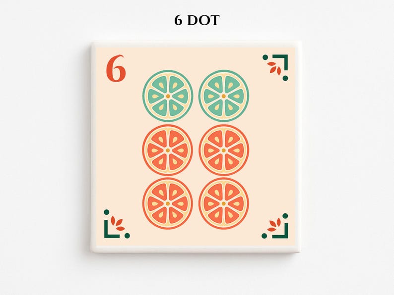 May include: Square tile with a cream background featuring the number 6 in orange and six stylized fruit slice illustrations in teal and orange. The text "6 DOT" is at the top. Decorative green and red corner accents complete the design.