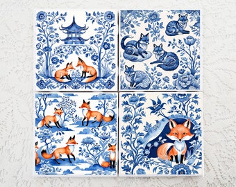 Blue and White Fox Coaster Set: Delft Chinoiserie Ceramic Drink Coasters