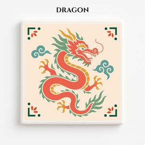 May include: Square artwork featuring a stylized red dragon with yellow and green accents on a cream background. The dragon is surrounded by teal clouds and decorative corner elements. The word "DRAGON" is printed at the top.