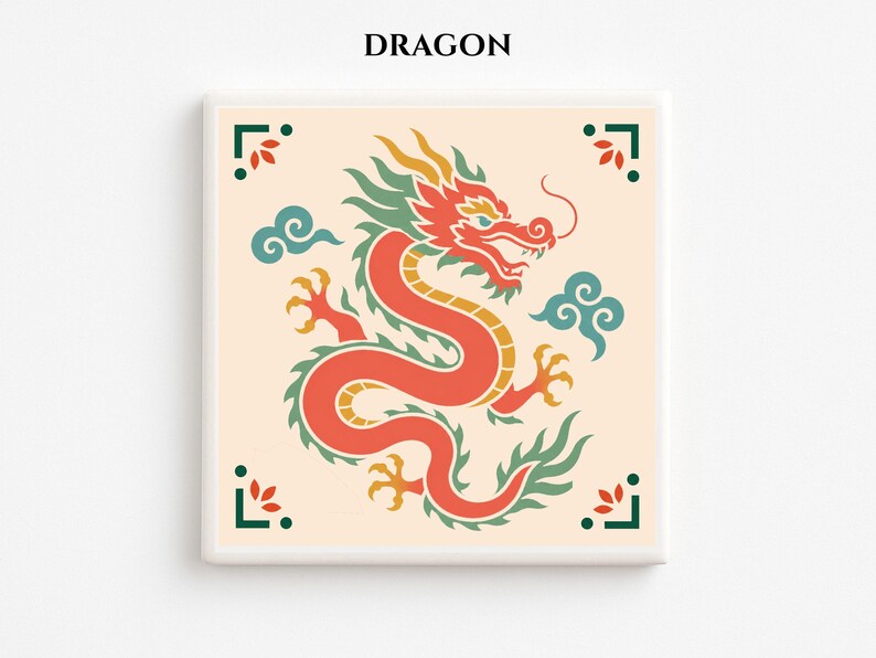 May include: Square artwork featuring a stylized red dragon with yellow and green accents on a cream background. The dragon is surrounded by teal clouds and decorative corner elements. The word "DRAGON" is printed at the top.