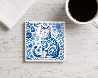 Blue White Cat Art Tile Delft Ceramic Coaster