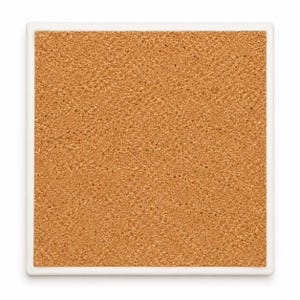 May include: Square ceramic coaster with a white border and a cork surface. The cork has a textured, light brown appearance. The coaster is designed to protect surfaces from heat and moisture.