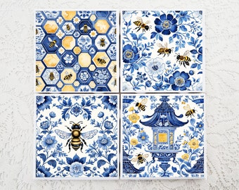 Delft Style Honey Bee Coaster Set: Chinoiserie Ceramic Tiles, Set of 4