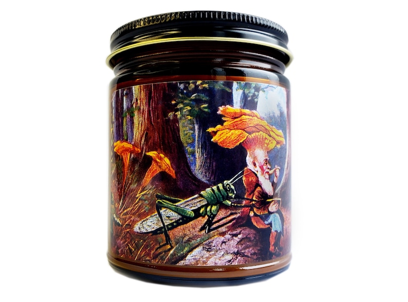 May include: A brown glass jar with a gold lid and a colorful label depicting a green grasshopper, a gnome with a mushroom hat, and a forest scene.