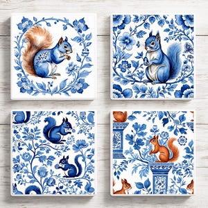 Delft Squirrel Coaster Set: Chinoiserie Ceramic Coasters, Set of 4