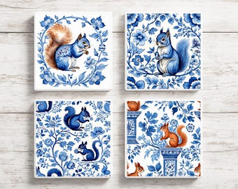 Delft Squirrel Coaster Set: Chinoiserie Ceramic Coasters, Set of 4
