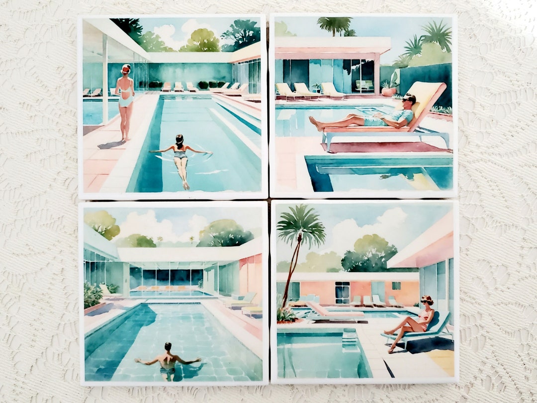 Pool Coasters Mid Century Modern Coasters: Palm Springs Pool Decor, Set of 4 - Etsy