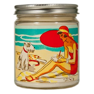 Art Deco Beach Candle – Vintage Soy Candle Gift, Coastal Home Decor, Woman and Dog Illustration, Summer Ocean Scented Candle