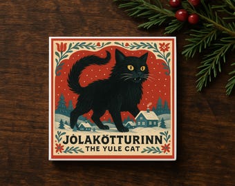 Yule Cat Ceramic Coaster: Icelandic Folklore Christmas Decor
