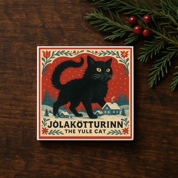 Yule Cat Ceramic Coaster: Icelandic Folklore Christmas Decor