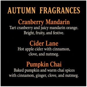 May include: A black sign with orange text titled AUTUMN FRAGRANCES. It lists three scents: Cranberry Mandarin with tart cranberry and mandarin orange, Cider Lane with hot apple cider, cinnamon, clove, and nutmeg, and Pumpkin Chai with baked pumpkin and chai spices.