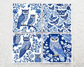 Delft Style Owl Coaster Set: Blue Chinoiserie Ceramic Coasters