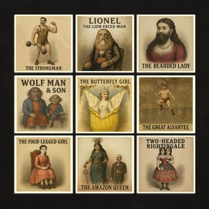 Halloween Freak Show Circus Poster Coaster Pick Your Design – Single, Set of 3, Set of 5, or Full 9 – Oddities and Curiosities Ceramic Tile