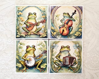 Frog Coaster Set Ceramic Art Nouveau Musicians Decorative Coasters Set of 4 Housewarming Gift