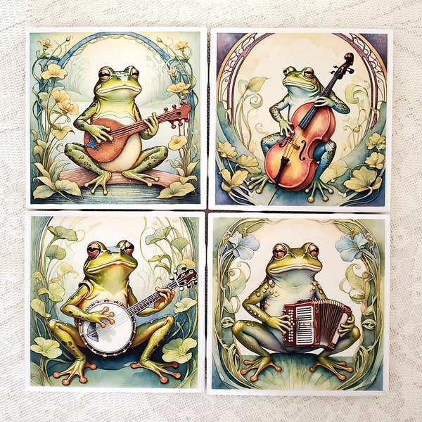 Frog Coaster Set Ceramic Art Nouveau Musicians Decorative Coasters Set of 4 Housewarming Gift
