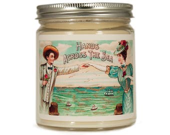 Hands Across the Sea Candle – Vintage Postcard Soy Candle – Coastal Summer Gift – Personalized Beach Decor