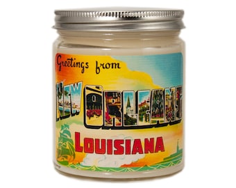 New Orleans Candle, Vintage Postcard Label, Personalized Soy Candle Gift