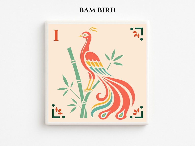 May include: Square art print featuring a stylized bird with a long, flowing tail, perched on a green bamboo stalk. The bird is primarily red, with yellow and teal accents. The print has the text "BAM BIRD" at the top and the letter "I" on the left.
