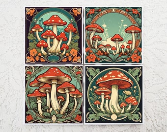 Mushroom Coaster Set: Art Nouveau Ceramic Tile Coasters, Set of 4