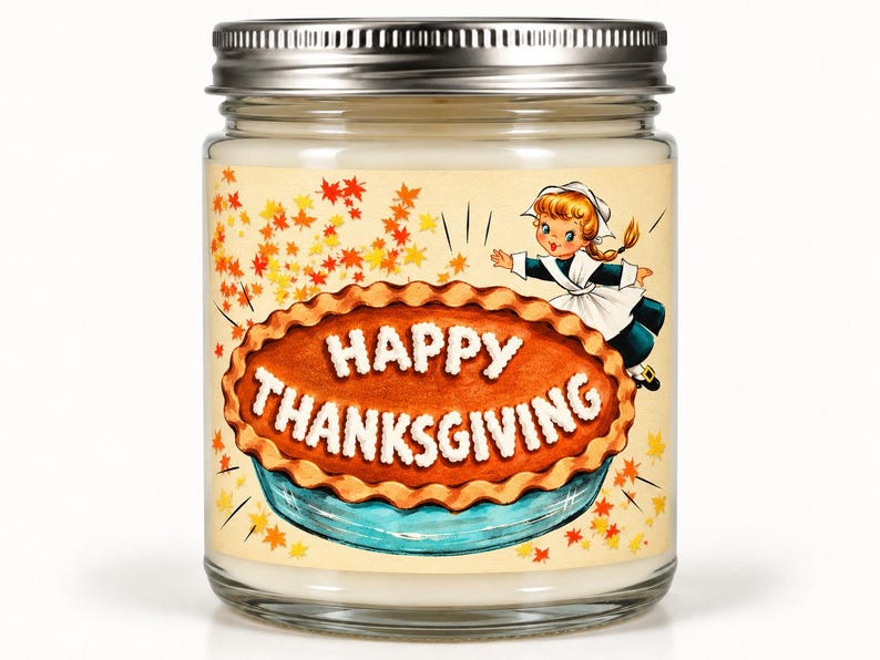 May include: A clear glass candle jar with a silver metal lid containing white wax. The label features a large brown pie in a blue dish with the text HAPPY THANKSGIVING in white, surrounded by orange and yellow autumn leaves and a cartoon child.